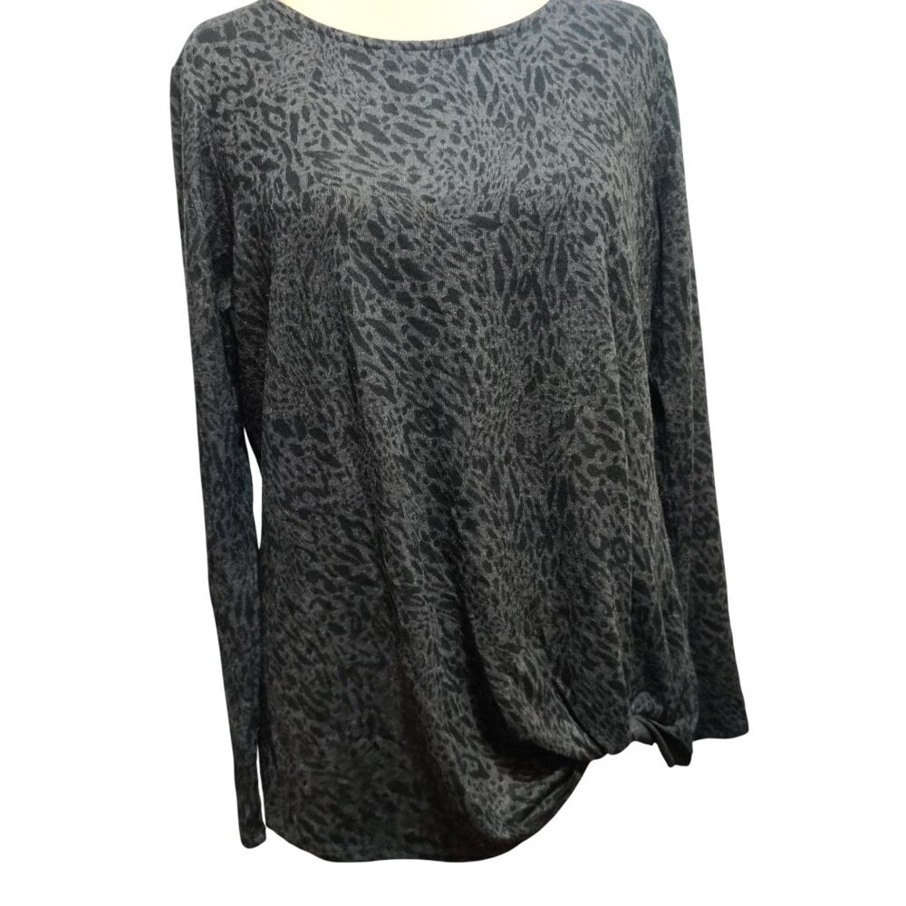Max & Mia L Black Gray Leopard Print Long Sleeve Boat Neck Twist Hem Knit Top